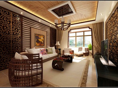 客厅得以大气优雅为主，在造型上，墙面木装饰与金属、