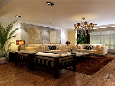设计理念：客厅是传统与现代居室风格的碰撞，本案例以